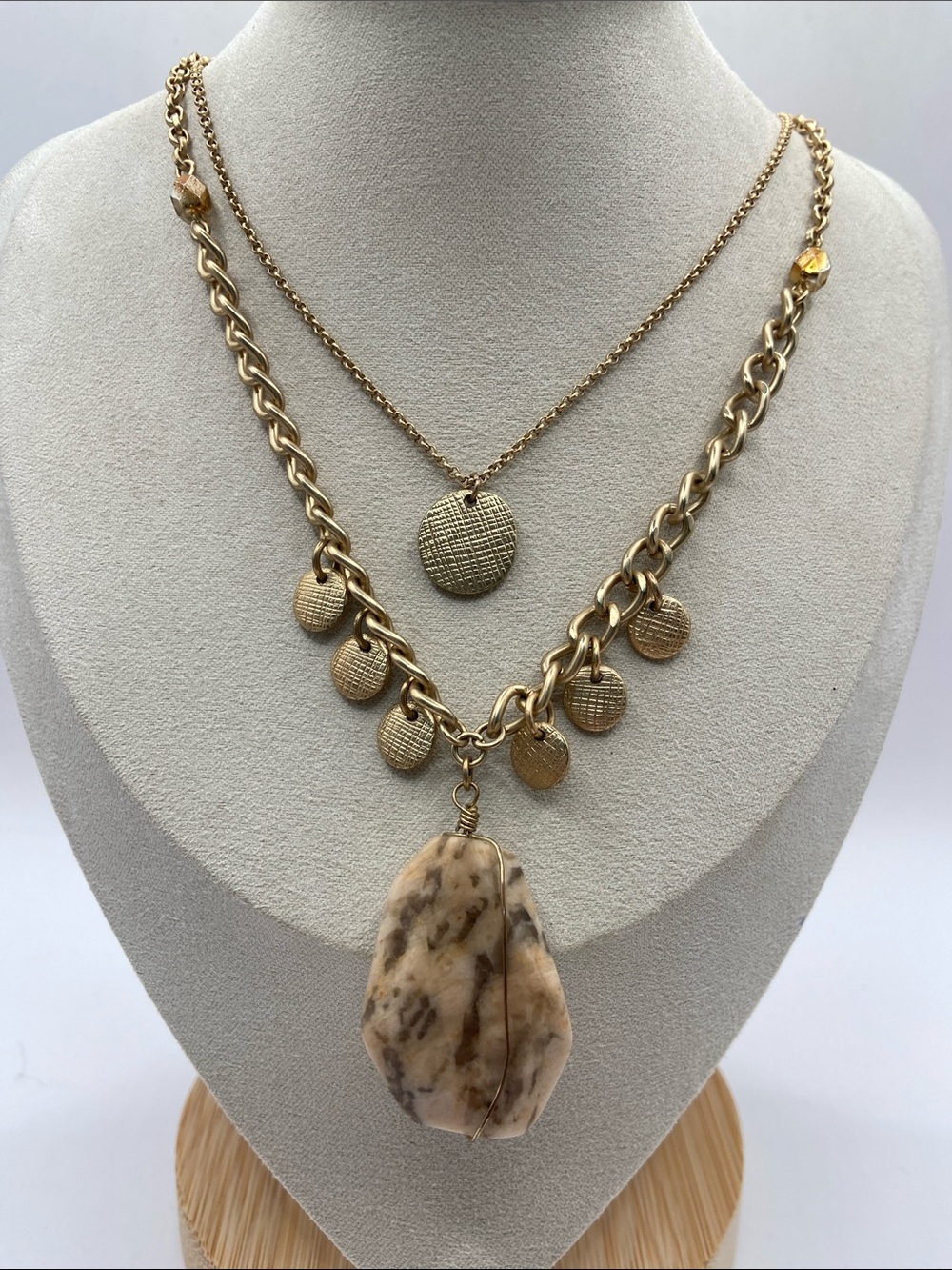 Matte Gold Tone Layered Coin Charm Necklace With Jasper Pendant 16”L W/ 3”L Ext